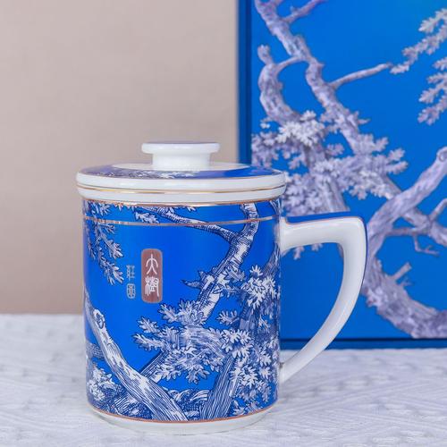 厂家批发礼盒包装茶水分离杯 中国风陶瓷茶具 中式骨质瓷茶漏盖杯